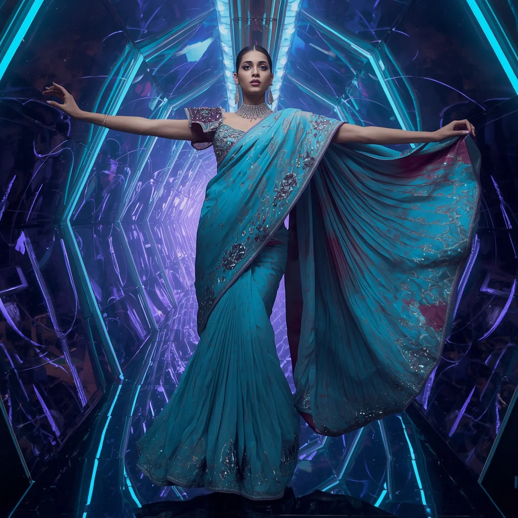 Aurora Nova Saree with Floating Orbit Reflection Corridors | new photo trend on instagram prompt — AI image prompt