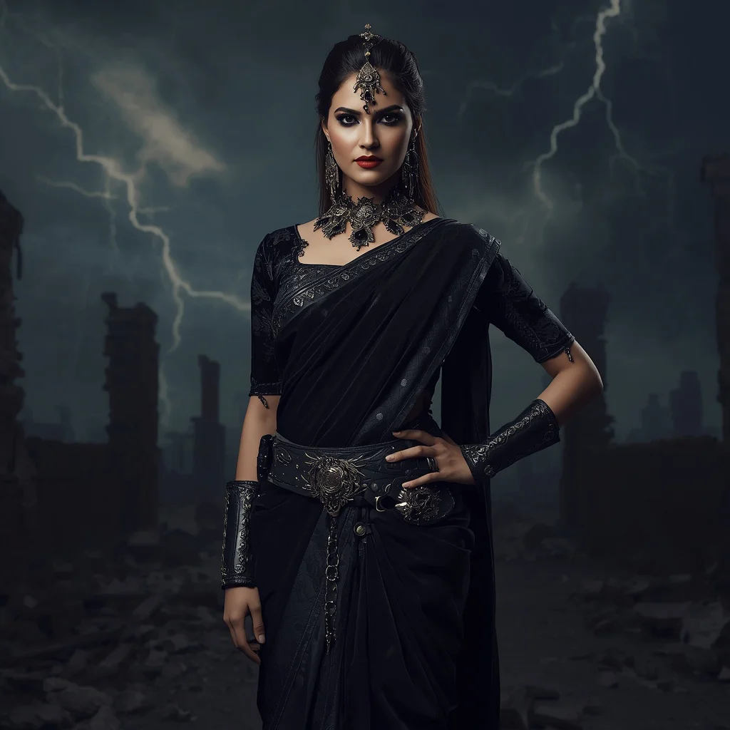 Black Thorn Eclipse Warrior Sovereign Saree Couture with Combat Queen Pose and Gothic Storm Citadel Background | prompt for gemini ai girl style trending instagram link — AI image prompt