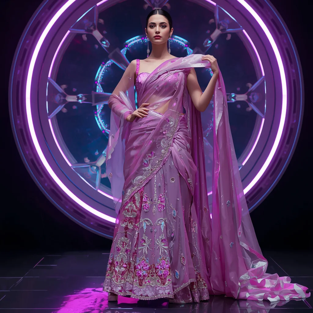 Cosmic Orchid Prism Apex Armor Saree with Floating Energy Sphere Vault Nexus Reactor Core System | trending prompt in instagram — AI image prompt