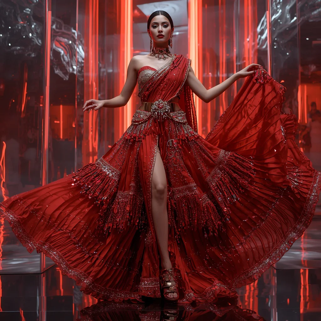 Crimson Aurora Crystal Saree with Prism Reflection Fortress | cute prompt for girls in saree for instagram — AI image prompt