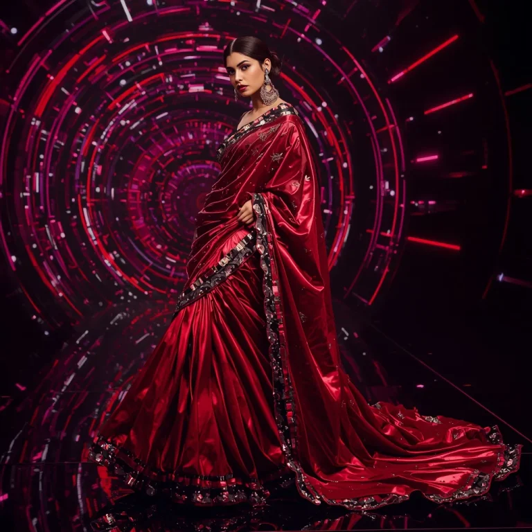 Crimson Titanium Mirage Saree with Dynamic Laser Spiral Universes | trending saree prompt for girl — AI image prompt