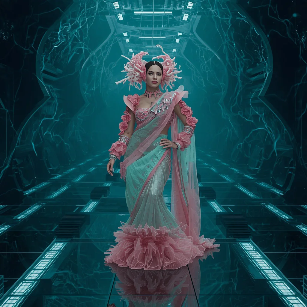 Cyber Coral Plasma Neural Saree with Deep Ocean Singularity Rift | prompt for traditional look for girl instagram — AI image prompt