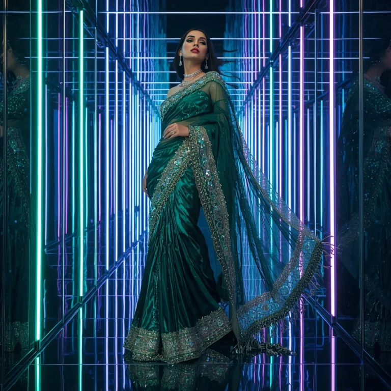 Emerald Aurora Prism Saree with Infinity Reflection Neon Tunnels | prompt seen trending girl 2026 instagram — AI image prompt