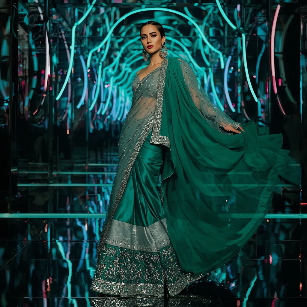 Emerald Comet Saree with Infinity Crystal Reflection Corridors | prompt for gemini ai girl style trending instagram — AI image prompt