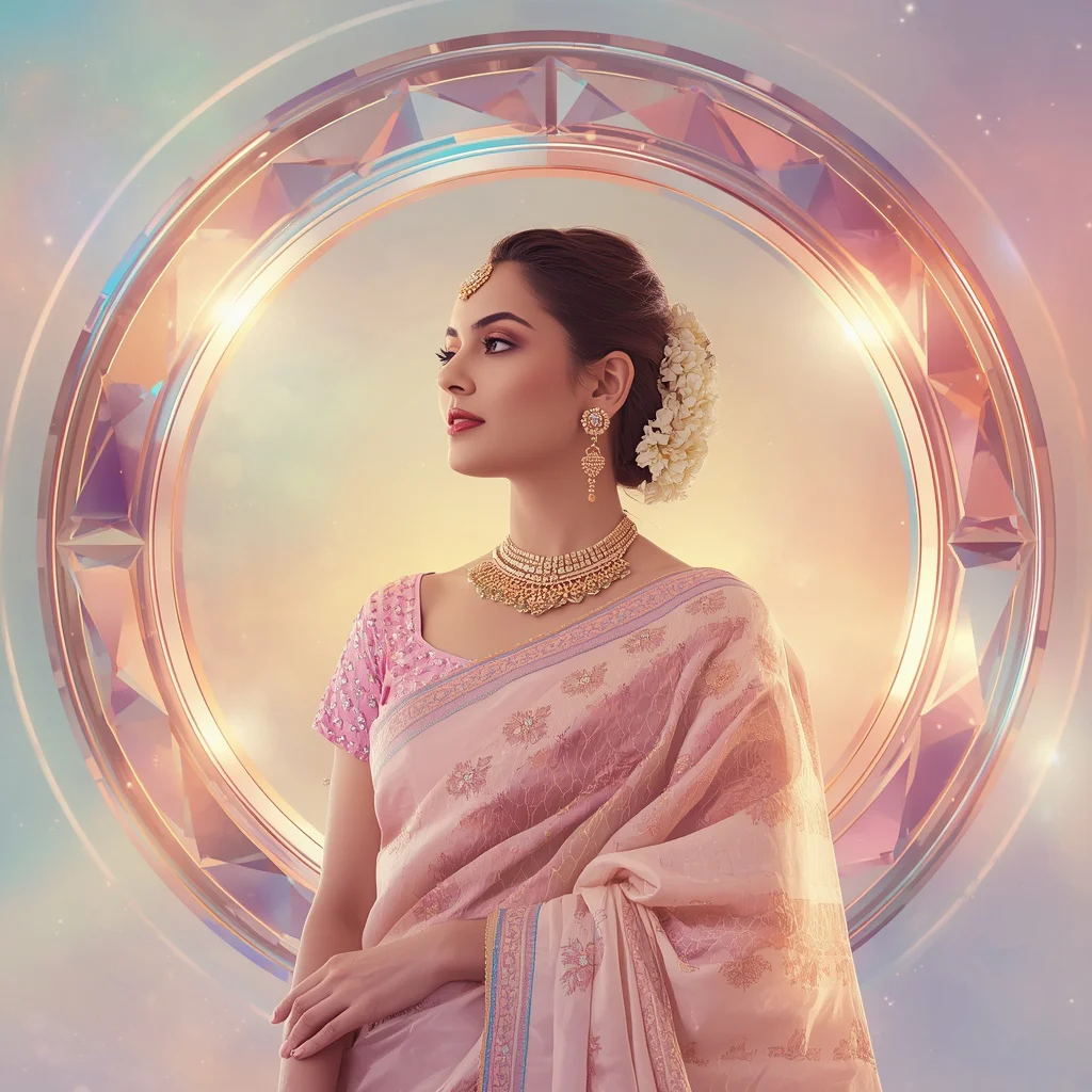 Festive Pastel Saree Cosmic Prism Reflection Halo Collage Cinematic | new trending purple saree prompt today — AI image prompt