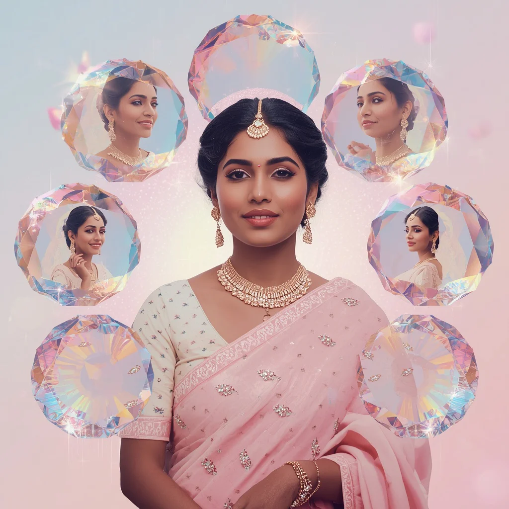 Festive Pastel Saree Crystal Aura Bloom Sphere Collage Premium | instagram trending prompt copy and paste — AI image prompt