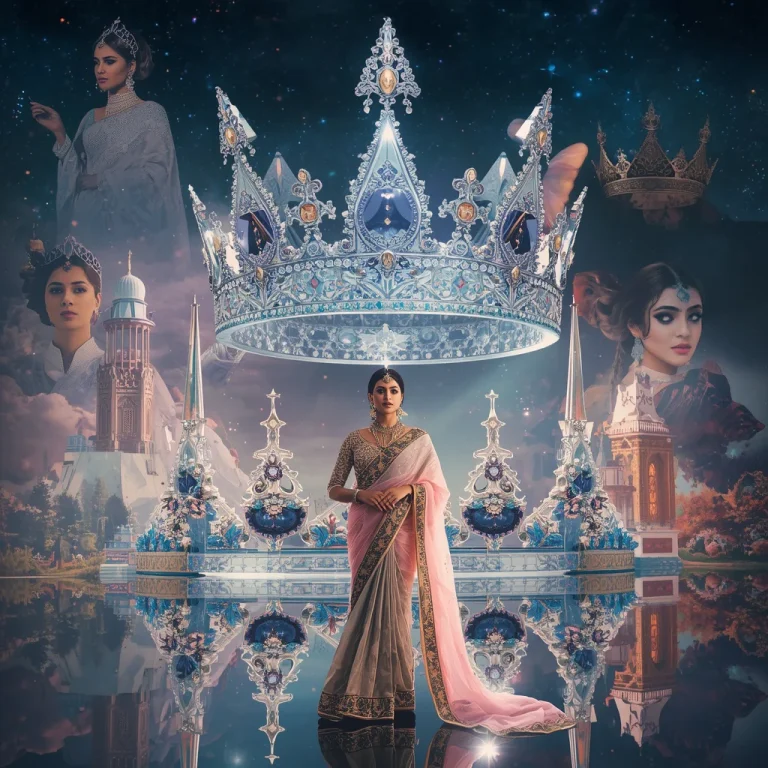 Festive Pastel Saree Crystal Celestial Diamond Crown Universe Premium Fashion Collage | trending blue saree prompt — AI image prompt