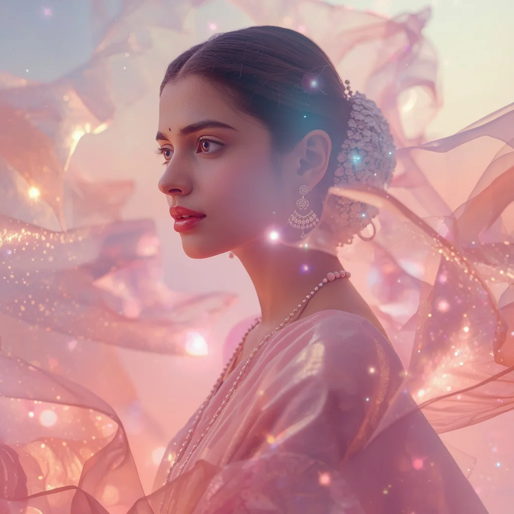 Festive Pastel Saree Dream Silk Reflection Galaxy Collage Cinematic | traditional saree prompt for girl in english — AI image prompt