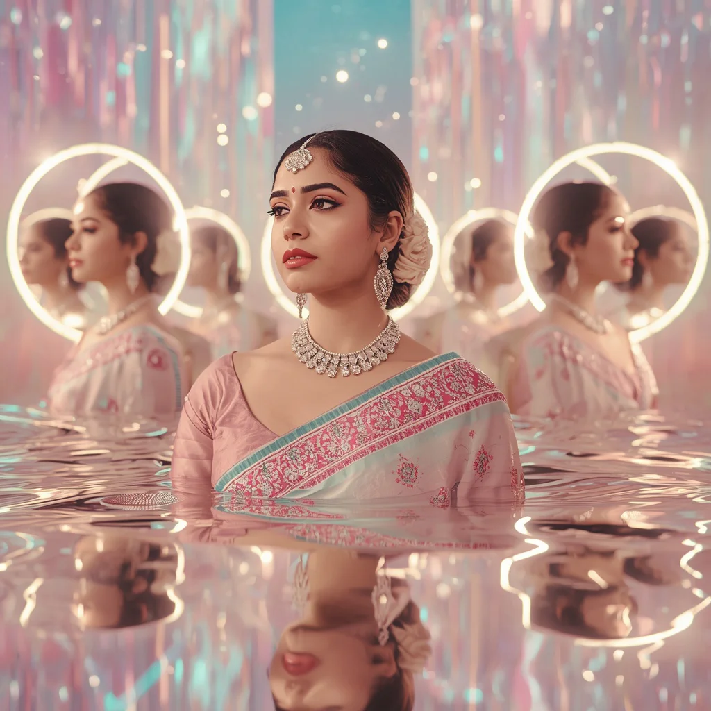 Festive Pastel Saree Infinite Halo Reflection Universe Collage Premium | instagram trending prompt copy and paste — AI image prompt