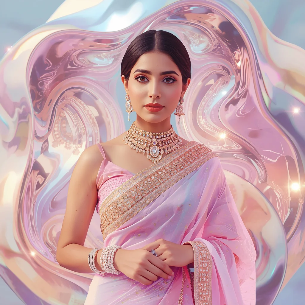 Festive Pastel Saree Liquid Chrome Halo Flow Collage Luxury | prompt for gemini girl attitude — AI image prompt