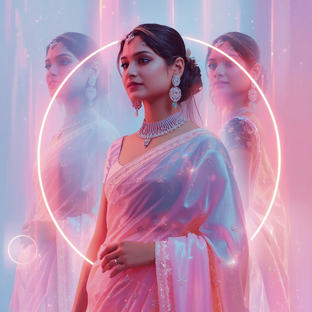 Festive Pastel Saree Neon Orbit Crystal Reflection Collage Modern Cinematic | ai photo prompt for girls college — AI image prompt