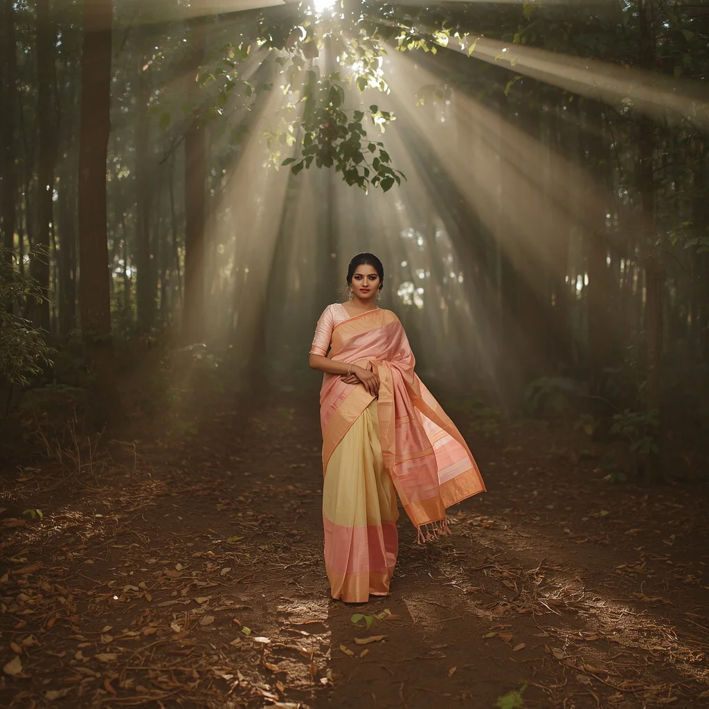 Festive Pastel Saree Real Forest Morning Mist Natural Light Fashion Editorial Outdoor Scene | trending prompt in instagram ai photo — AI image prompt