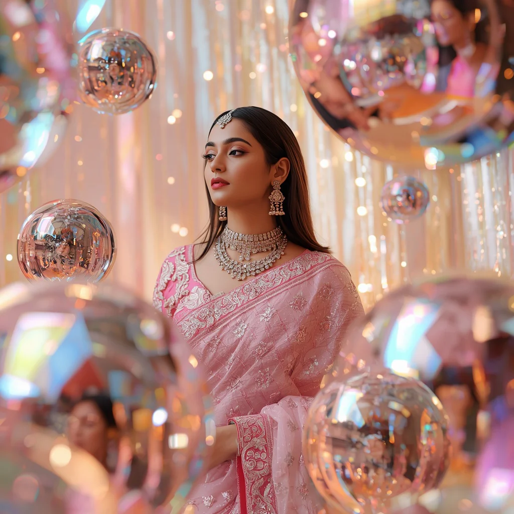 Festive Pastel Saree Reflective Prism Reflection Dome Collage Luxury | prompt for gemini ai girl style trending indian — AI image prompt