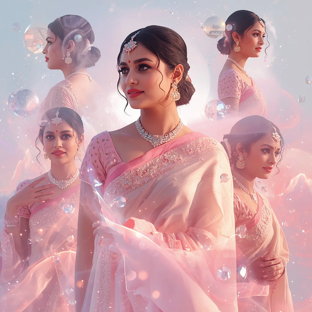 Festive Pastel Saree Soft Crystal Reflection Sphere Collage Cinematic | gemini prompt trending — AI image prompt