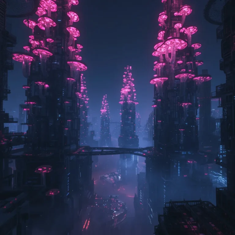 Futuristic Dark City With Towers Of Bioluminescent Neon Fungi | Image prompt chatgpt aesthetic — AI image prompt