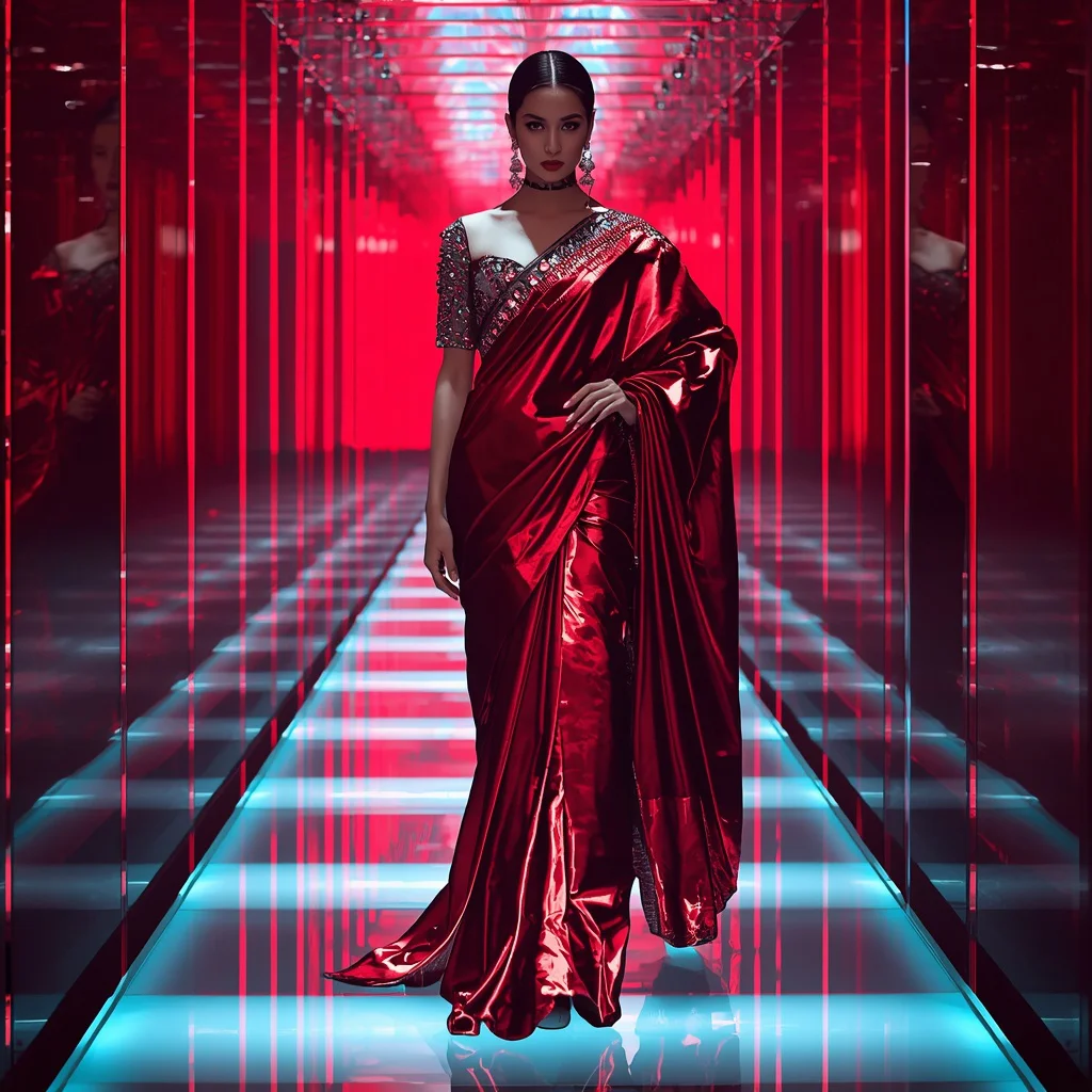 Lunar Ruby Symphony Saree with Floating Infinity Beam Reflection Orbit Infinity Corridor | traditional saree prompt for instagram — AI image prompt