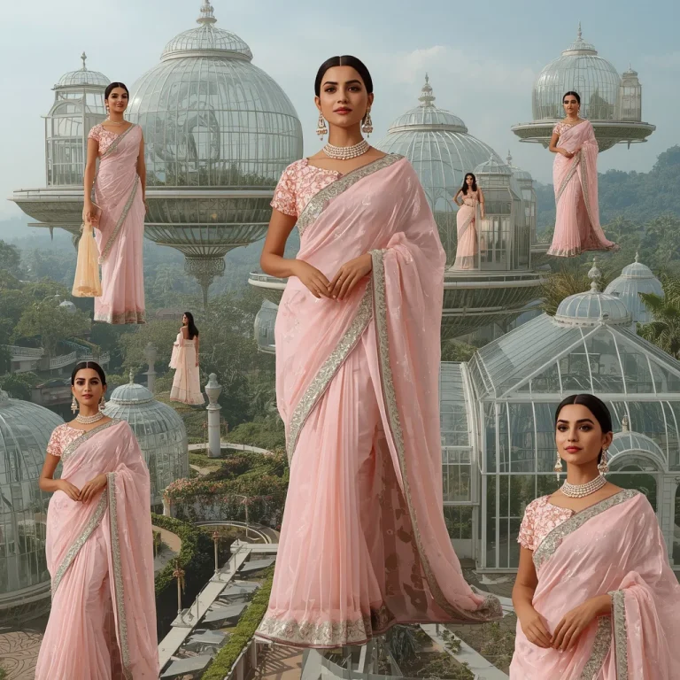Luxury Pastel Saree Fashion Inside Giant Floating Glasshouse Village Editorial Paradise | traditional saree prompt for wedding in english — AI image prompt