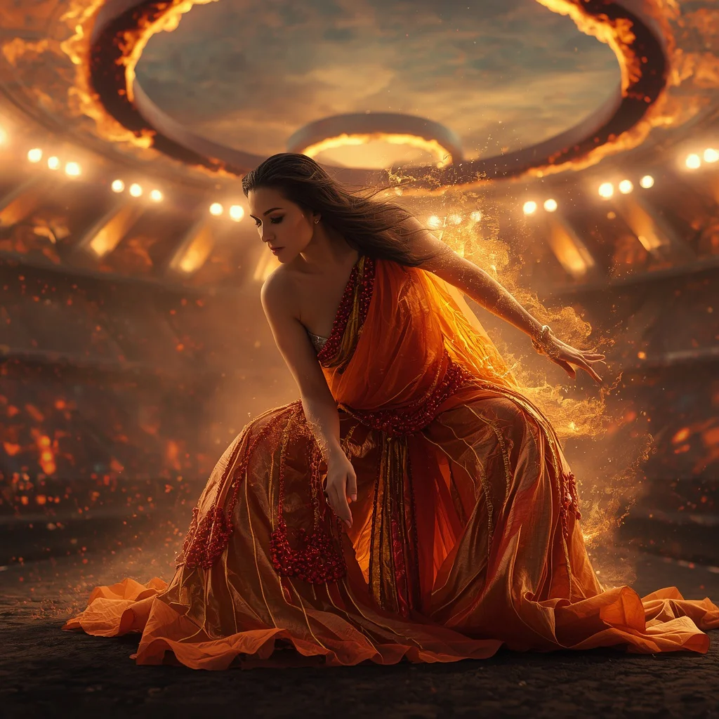 Magnetic Ember Alloy Core Surge Saree with Gravity Fire Spiral Reactor Collapse Arena Field | instagram trending prompt copy and paste — AI image prompt