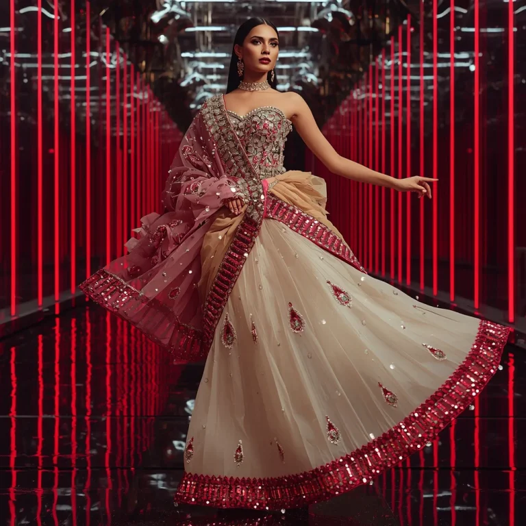 Pearl Crimson Velocity Saree with Reflection Orbit Infinity Galaxy Atrium | instagram prompt for traditional look for girl in english — AI image prompt