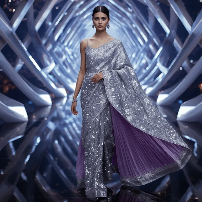 Platinum Nova Saree with Floating Ribbon Reflection Bridges | gemini saree prompt for women — AI image prompt