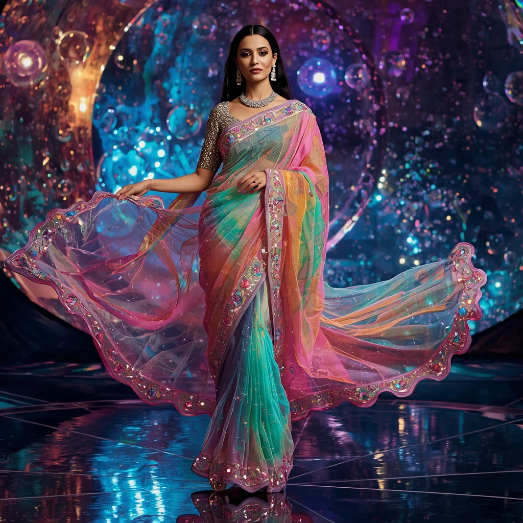 Premium Multicolor Prism Saree with Floating Spiral Editorial Air Curl Walk Twist and Bubble Reflection Dome Background | traditional saree prompt for instagram — AI image prompt