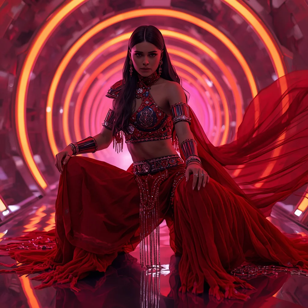 Ruby Eclipse Singularity Apex Quantum Infinity Armor Saree with Neon Ribbon Tunnel Vault Core Collapse Nexus Field System | new instagram trend prompt for girl saree look copy and paste — AI image prompt