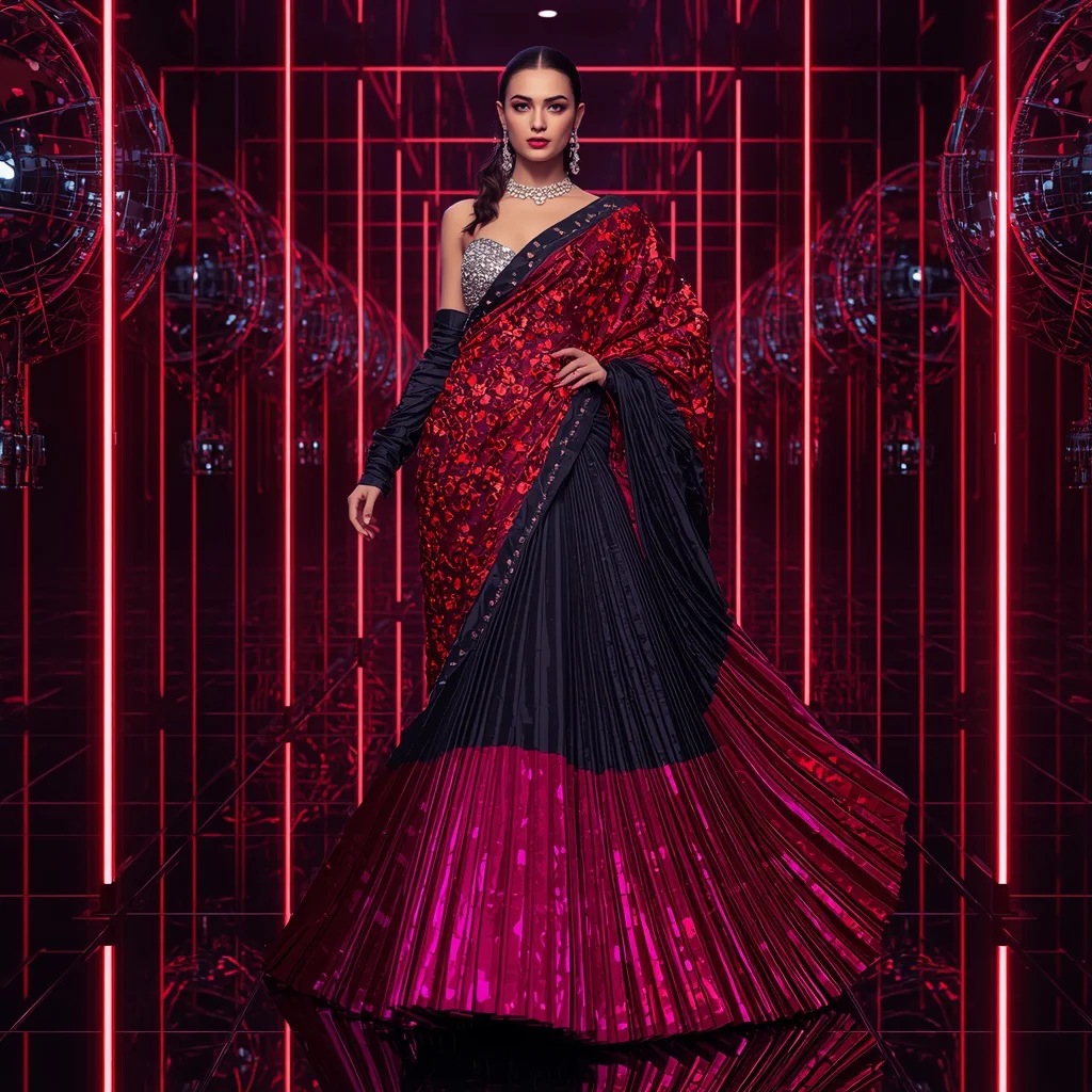 Ruby Voltage Infinity Saree with Mirror Sphere Neon Corridors | new instagram trend prompt for girl saree look — AI image prompt