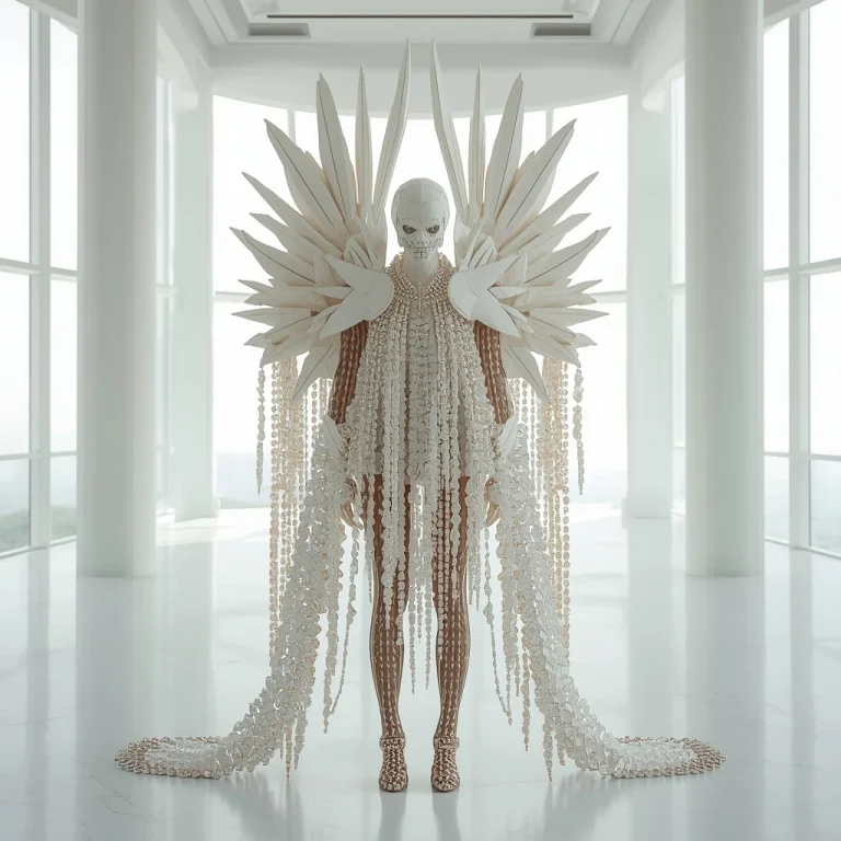 Sculpted Ceramic-Plume Exoskeleton with Cascading Holographic Crystal Trails | prompt for Gemini AI modern — AI image prompt