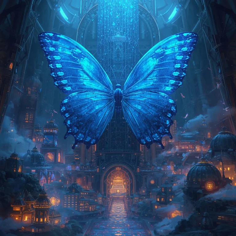 The Endless Sapphire Metropolis Built Inside a Giant Mechanical Butterfly Factory | Gemini AI Photo Editing Prompt — AI image prompt