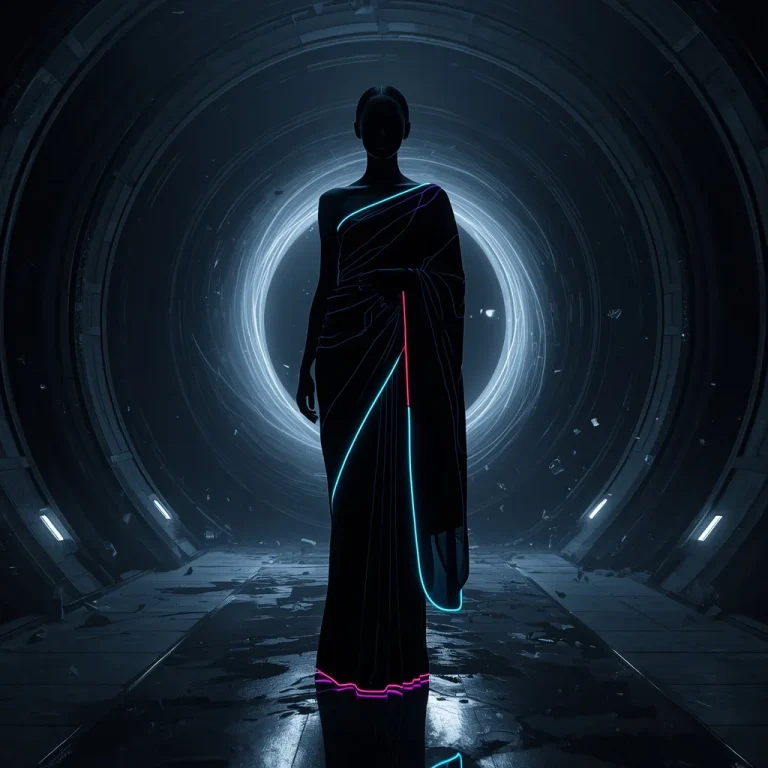 Ultra Futuristic Dark Matter Velvet Saree With Space Gravity Void Energy And Quantum Shadow System Design | modern saree ai prompt — AI image prompt