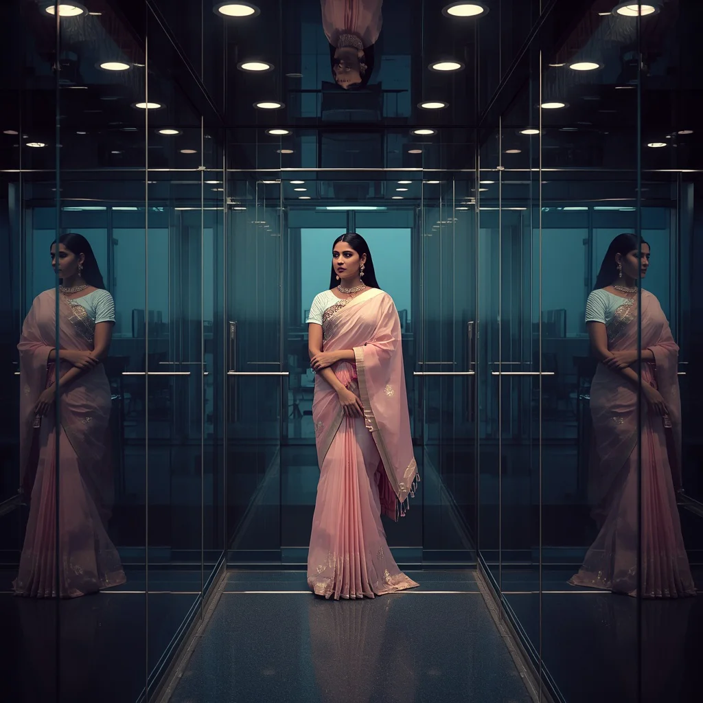 Ultra Modern Festive Pastel Saree Luxury Office Elevator Glass Reflection Minimal Corporate Fashion Scene | chatgpt photo editing prompts trending instagram — AI image prompt
