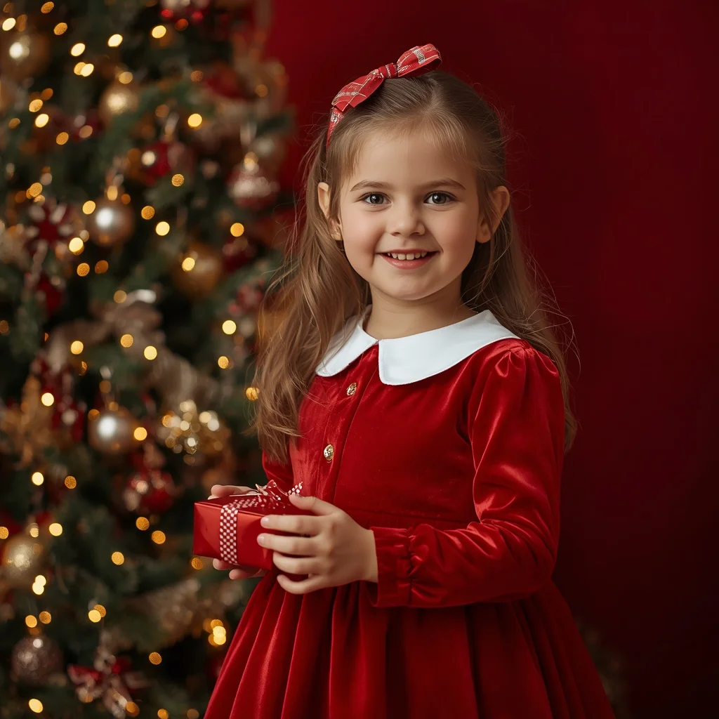 A cute girl in a bright red velvet party dress next to Christmas tree | Classic Holiday-themed Portrait — AI image prompt
