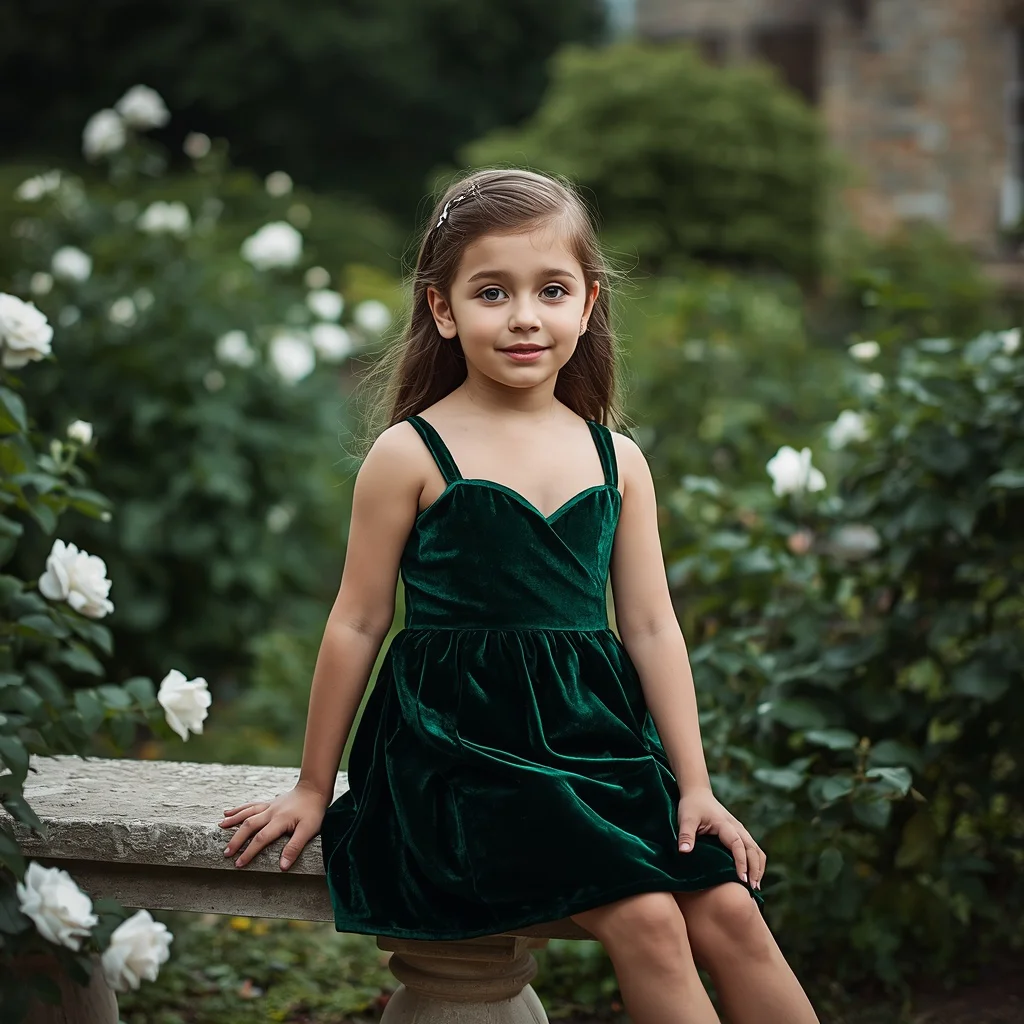 A cute girl in a green velvet cocktail dress in historic garden | Lovely Portrait Cute — AI image prompt