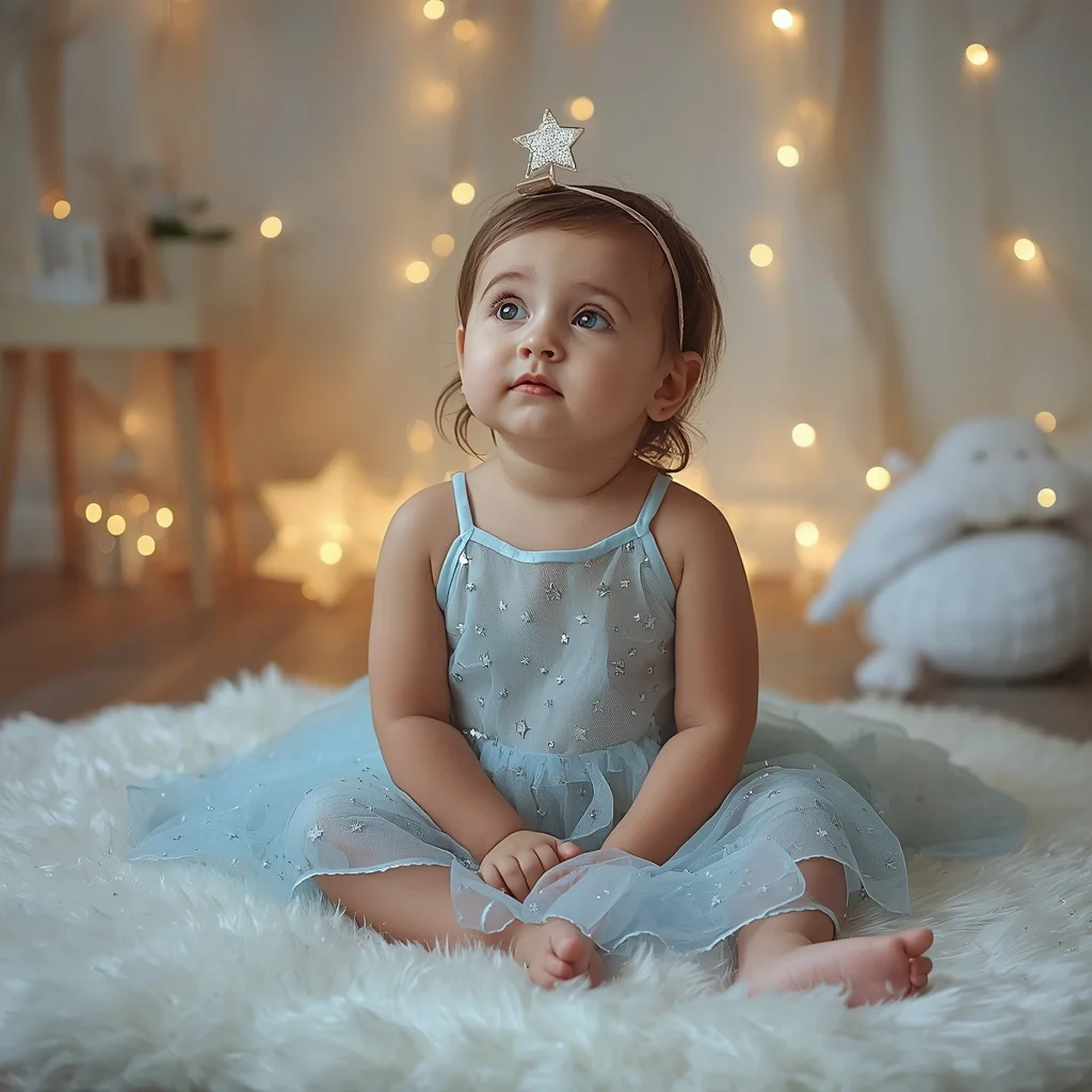 A cute girl in a light blue mesh stars dress in nursery | Whimsical Portrait Cute — AI image prompt