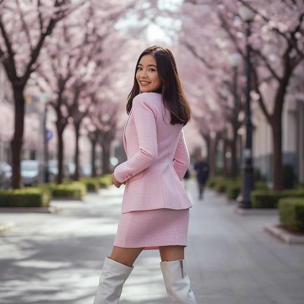 A cute girl in a pastel pink tweed blazer outfit | Stylish Street-style Portrait — AI image prompt