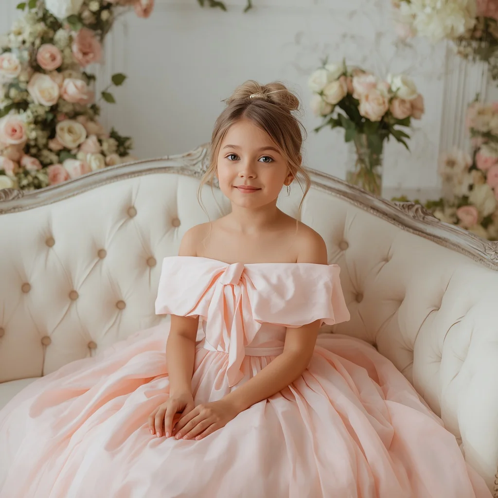 A cute girl in pastel pink ruffle cocktail gown in floral studio | Lovely Portrait Cute — AI image prompt