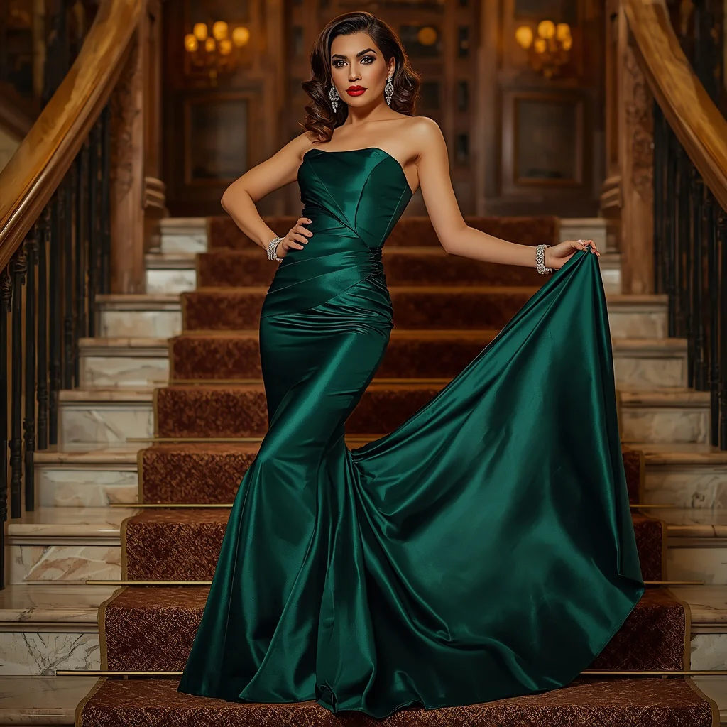 Hollywood Screen Siren: A Mermaid Gown with Dramatic Train | Captivating Woman Embodies — AI image prompt