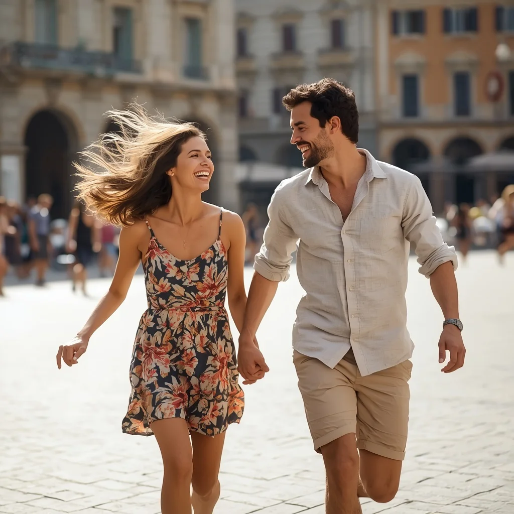 Joyful Laughter: A Couple’s Playful City Escape | Joyful Couple Captured — AI image prompt
