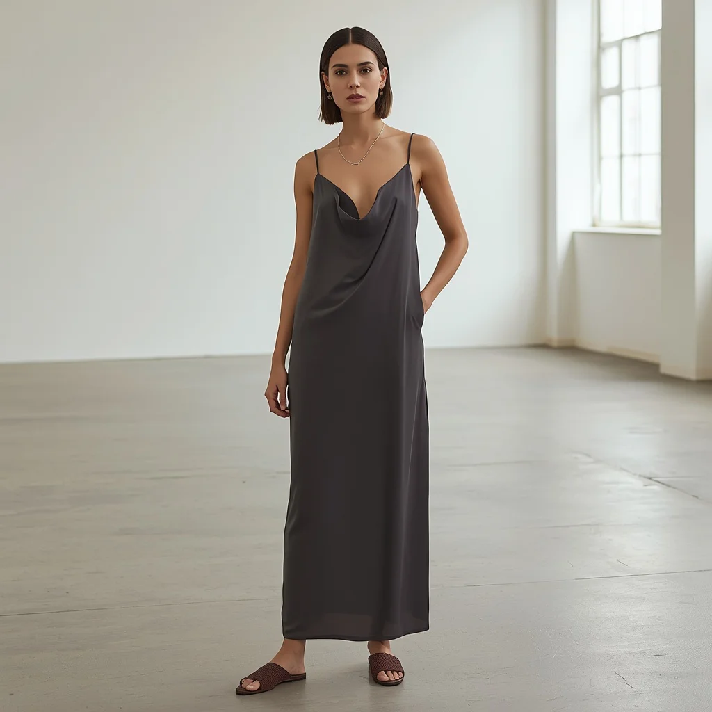 Modern Minimalist: A Sleek Slip Dress with Clean Lines | Stylish Woman Poses — AI image prompt