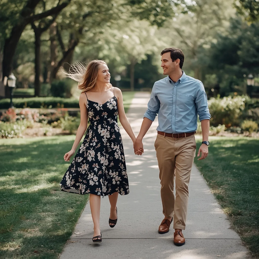 Playful Elegance: A Couple’s Joyful Park Stroll | Charming Couple Radiating — AI image prompt