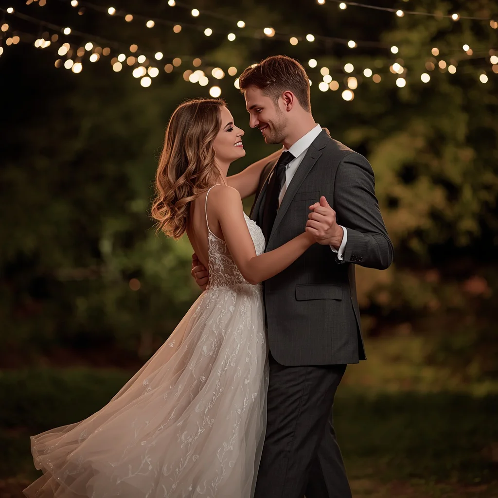 Romantic Dance Under Twinkling Lights, Dressed in Formal Wear | Romantic Couple Deeply — AI image prompt