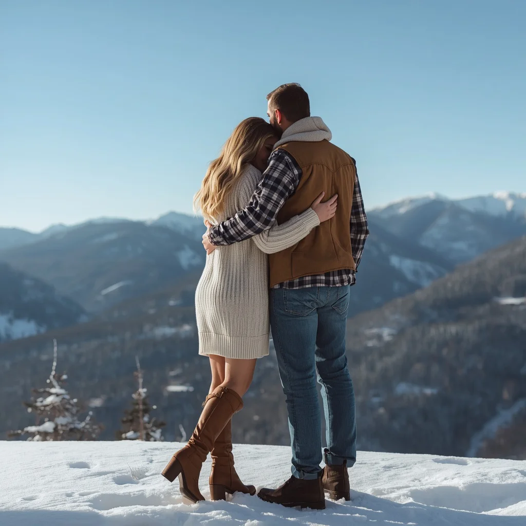 Romantic Mountain Retreat: Couple in Cozy Western Wear | Romantic Couple Shares — AI image prompt