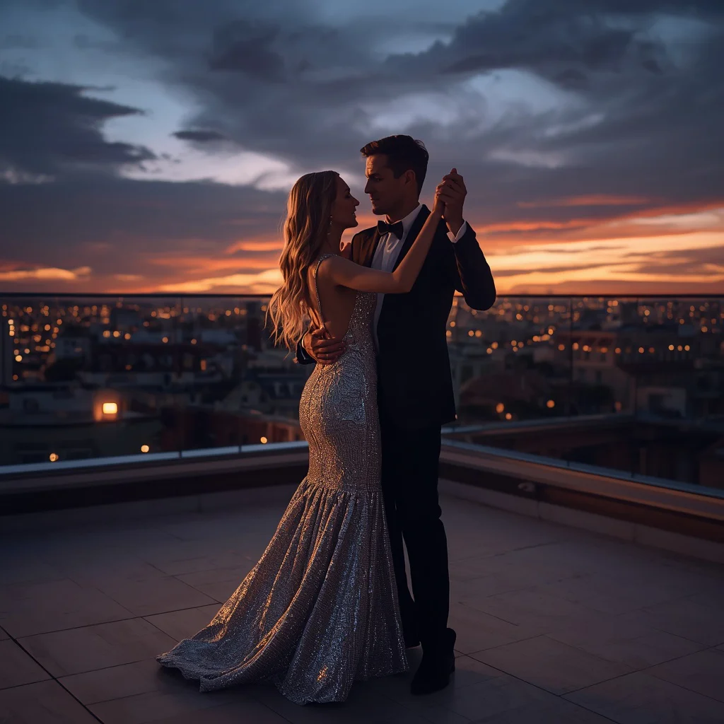 Romantic Rooftop Dance: Couple in Elegant Evening Attire | Romantic Couple Dances — AI image prompt