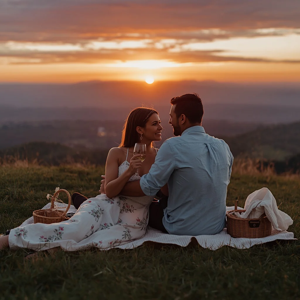 Shared Dreams: A Couple’s Romantic Sunset Picnic | Loving Couple Shares — AI image prompt