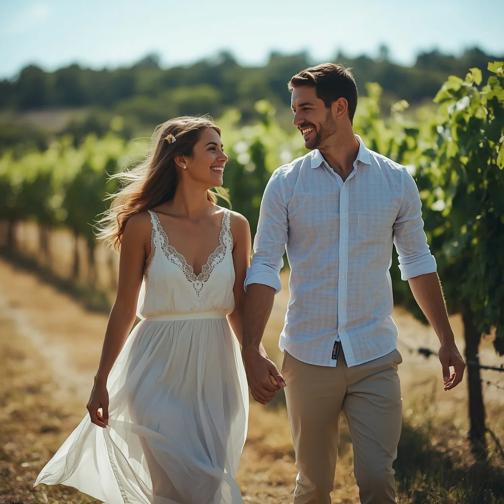 Shared Joy: A Couple’s Candid Vineyard Stroll | Loving Couple Shares — AI image prompt