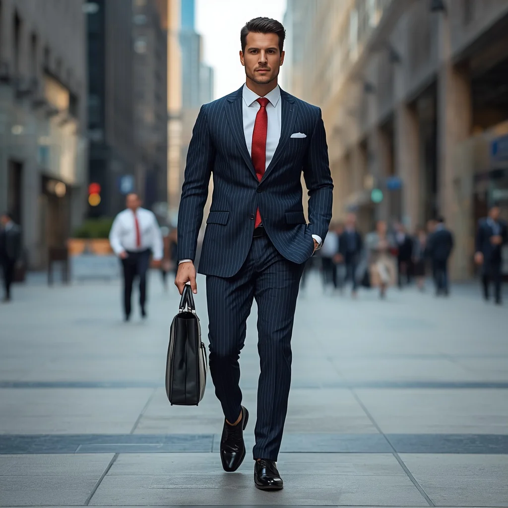 The Modern Professional in a Navy Pinstripe Suit | Modern Professional Exuding — AI image prompt
