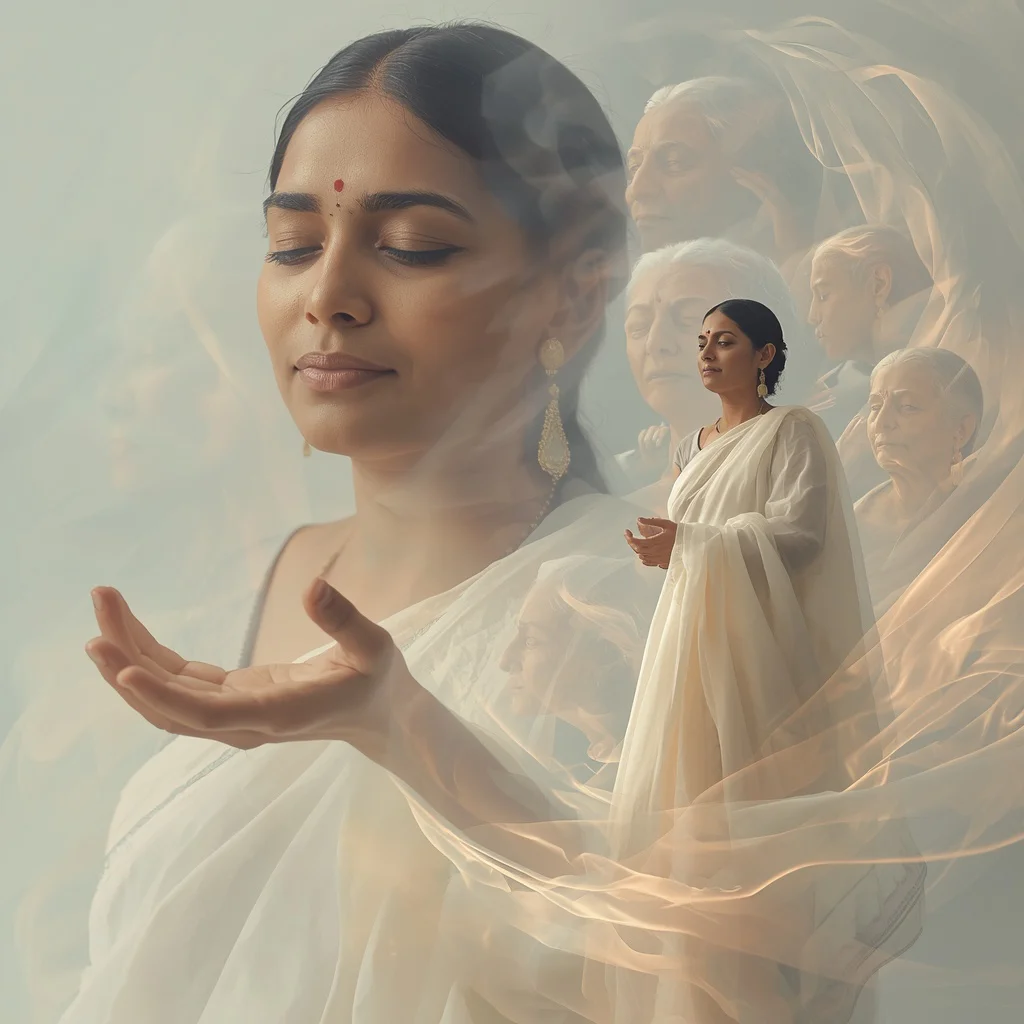 Whispers of the Ancestors: An Indian Woman and Ethereal Spirits | Mystical Surreal Collage — AI image prompt